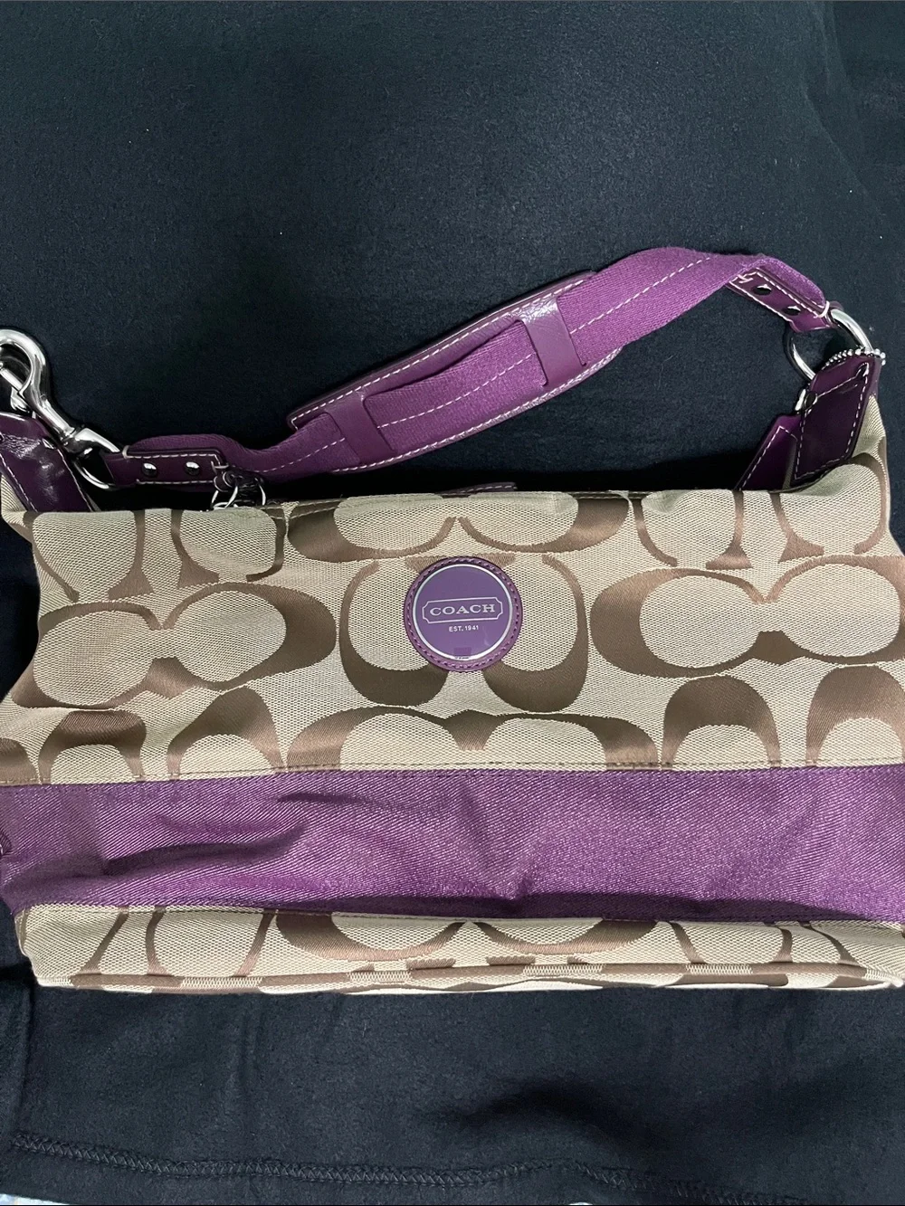 Coach Signature Canvas Shoulder Bag with Purple Trim